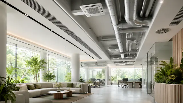 Kaset tipi klima üniteleri ve açık havalandırma kanalları bulunan ferah bir ofis