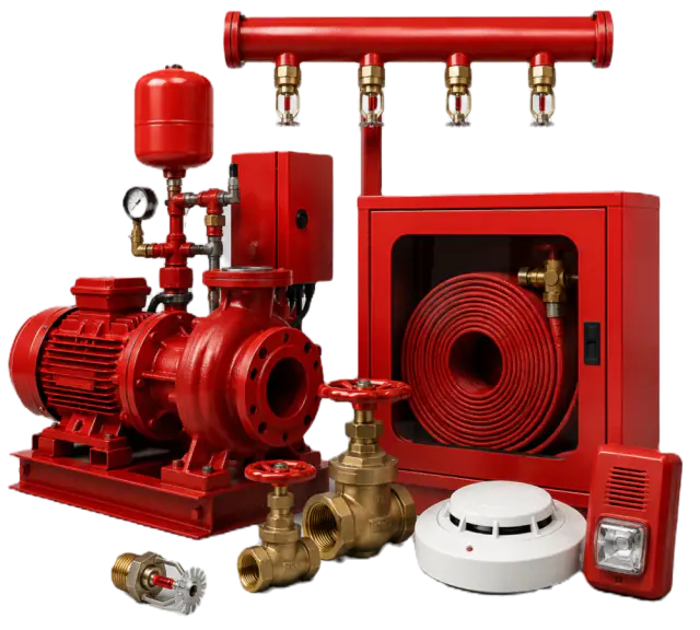 Kırmızı yangın pompası, yangın dolabı ve sprinkler ekipmanları